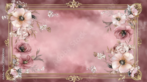 Elegant vintage pink floral frame decorating a wedding invitation card