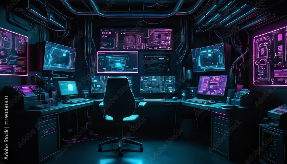 Naklejka premium Futuristic Cyber Security Command Center with Neon Glow