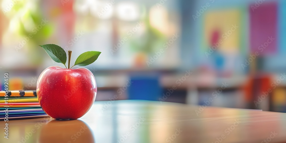 School desk inside a classroom with school supplies and accessories and a red apple. Concept of education, nutrition and back to school. Copy space, blurred background, Generative Ai