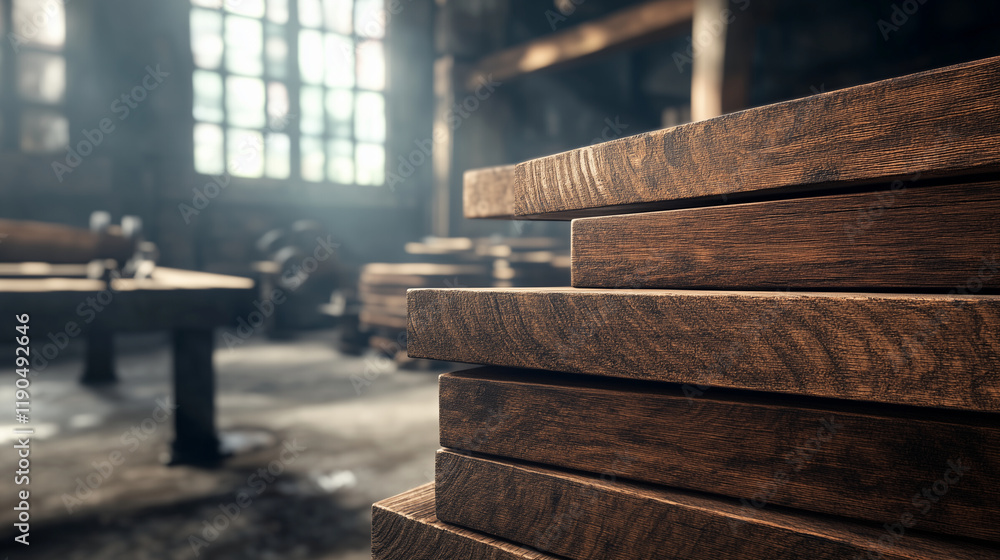 Stacks of wooden planks showcasing a variety of natural grain patterns, set in a rustic workshop with a workbench and vintage tools in the background. Stacks of wooden planks showcasing a variety of natural grain patterns, set in a rustic workshop with a workbench and vintage tools in the background.