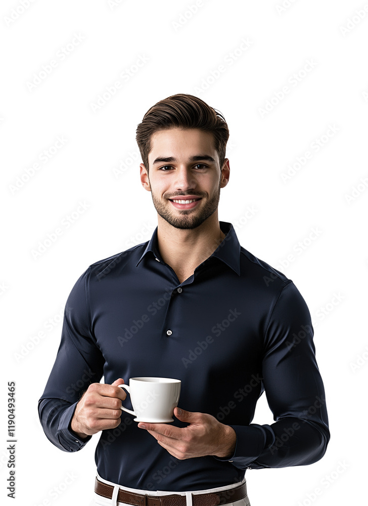A Man Wearing a Dark Blue Shirt Holding a White Coffee Cup, Isolated on Transparent and White Background A Man Wearing a Dark Blue Shirt Holding a White Coffee Cup, Isolated on Transparent and White Background
