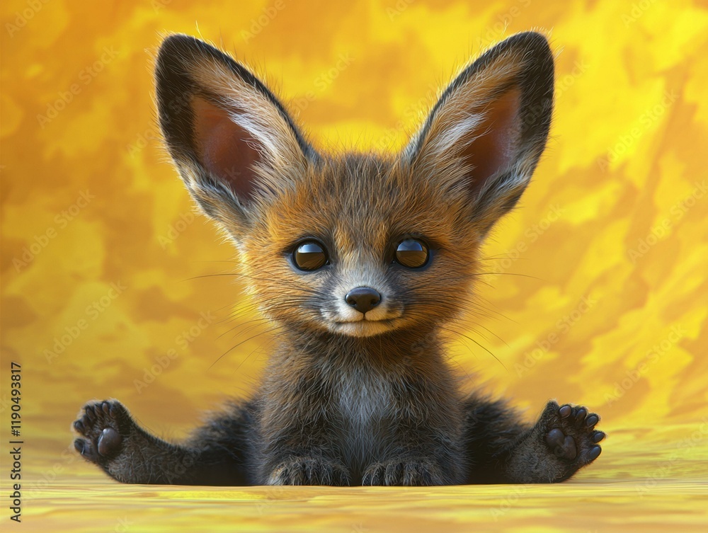 Adorable fox kit sitting on a yellow background. AI. Adorable fox kit sitting on a yellow background. AI.