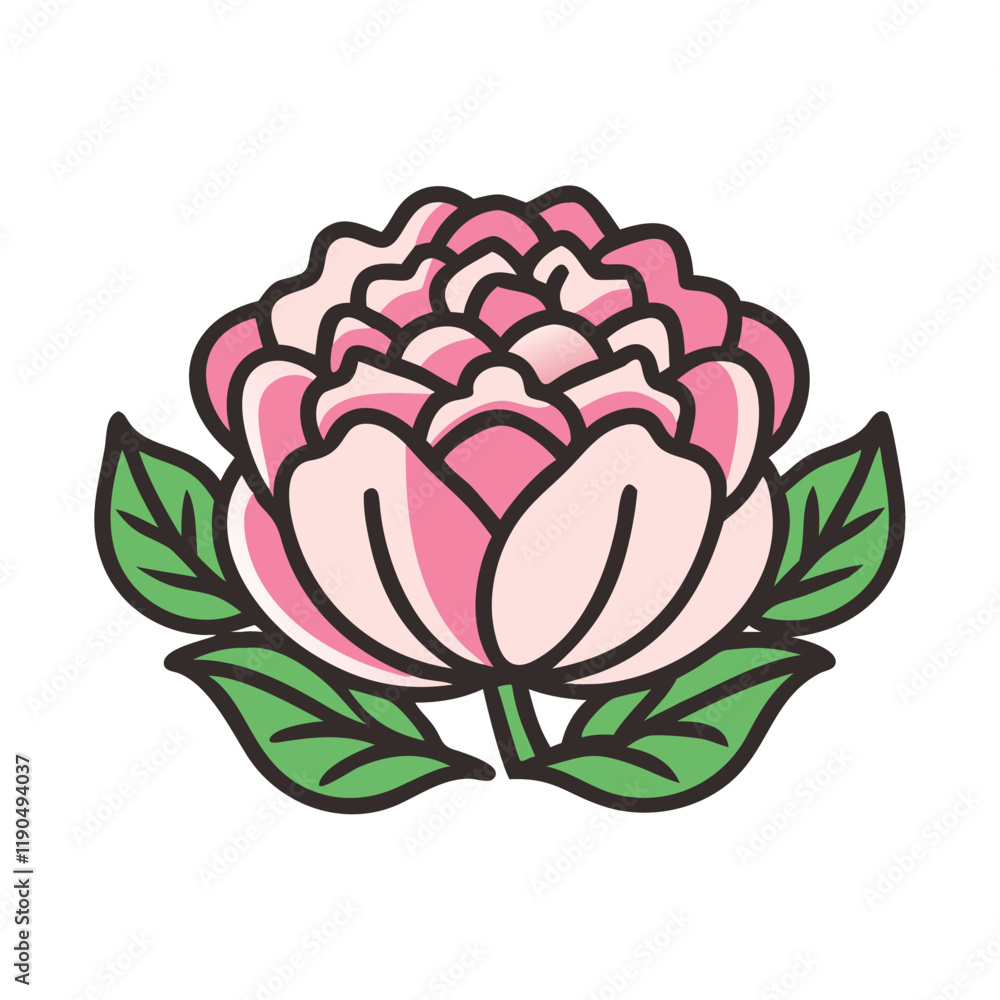 Obraz premium Pink peony flower illustration with green leaves