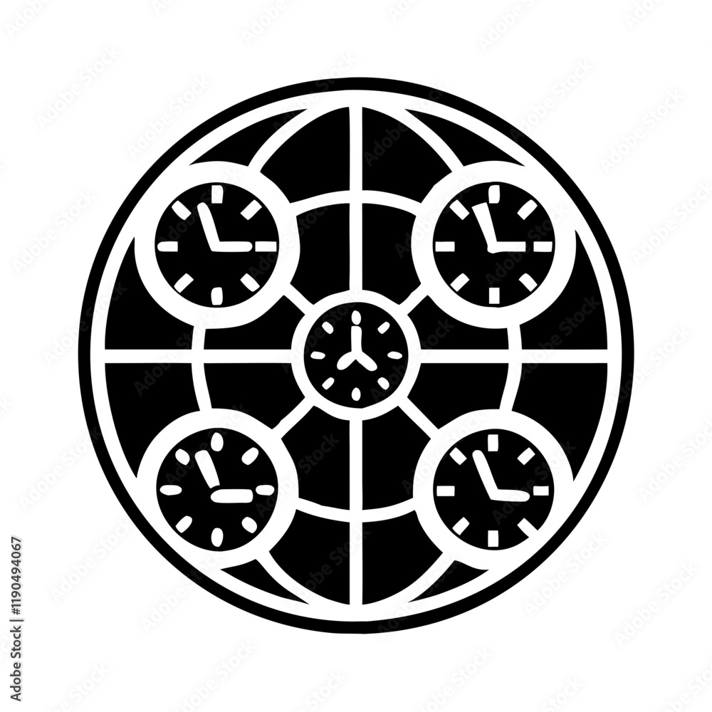 Global clock icon with time zones illustration Global clock icon with time zones illustration