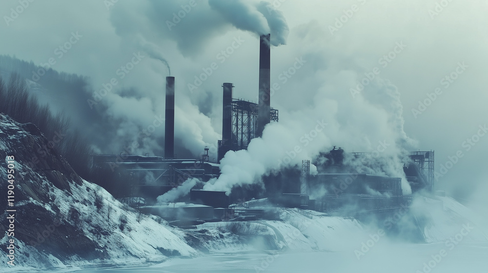 Fototapeta premium A close-up of a coal-fired power station with heavy steam rising from the stacks, frost on nearby structures, and snow blanketing the area. Ai generated