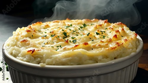 Creamy Mashed Potatoes with a Golden Brown Crust, Perfectly Baked in a White Ceramic Dish