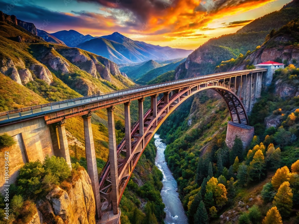 Aerial View: Train Trestle & Arched Bridge Spanning Canyon Aerial View: Train Trestle & Arched Bridge Spanning Canyon