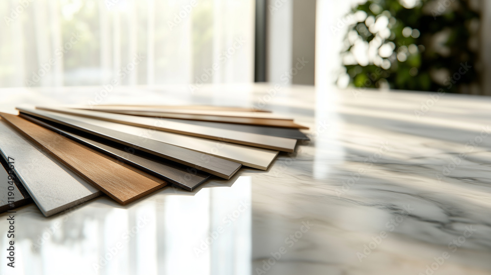 An elegant display of ceramic tiles in a fan layout on a marble surface, with a mix of earthy tones and geometric textures under bright studio lighting. An elegant display of ceramic tiles in a fan layout on a marble surface, with a mix of earthy tones and geometric textures under bright studio lighting.