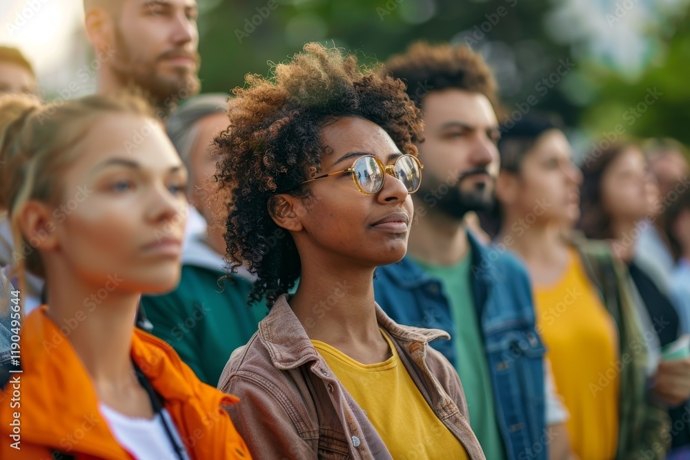 A group of diverse people stand together and look ahead, attentive to something off-camera, An assortment of diverse individuals standing together at a protest A group of diverse people stand together and look ahead, attentive to something off-camera, An assortment of diverse individuals standing together at a protest