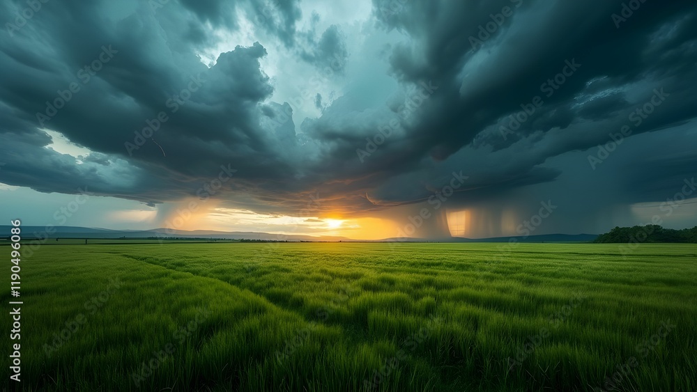Dramatic sunset over green field with storm clouds and rain showers Dramatic sunset over green field with storm clouds and rain showers