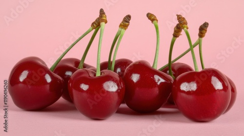 Wallpaper Mural A bunch of ripe cherries with stems on a pale pink background for a playful aesthetic Torontodigital.ca