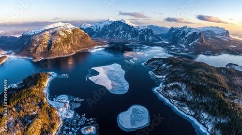 Majestic Frozen Lake and Towering Mountains at Sunrise Over Storvatnet in Lofoten Norway photo