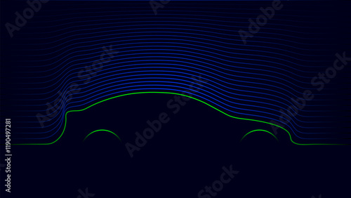 Silhouette of a car formed by line on a dark background. Blue curved lines show aerodynamic flow.