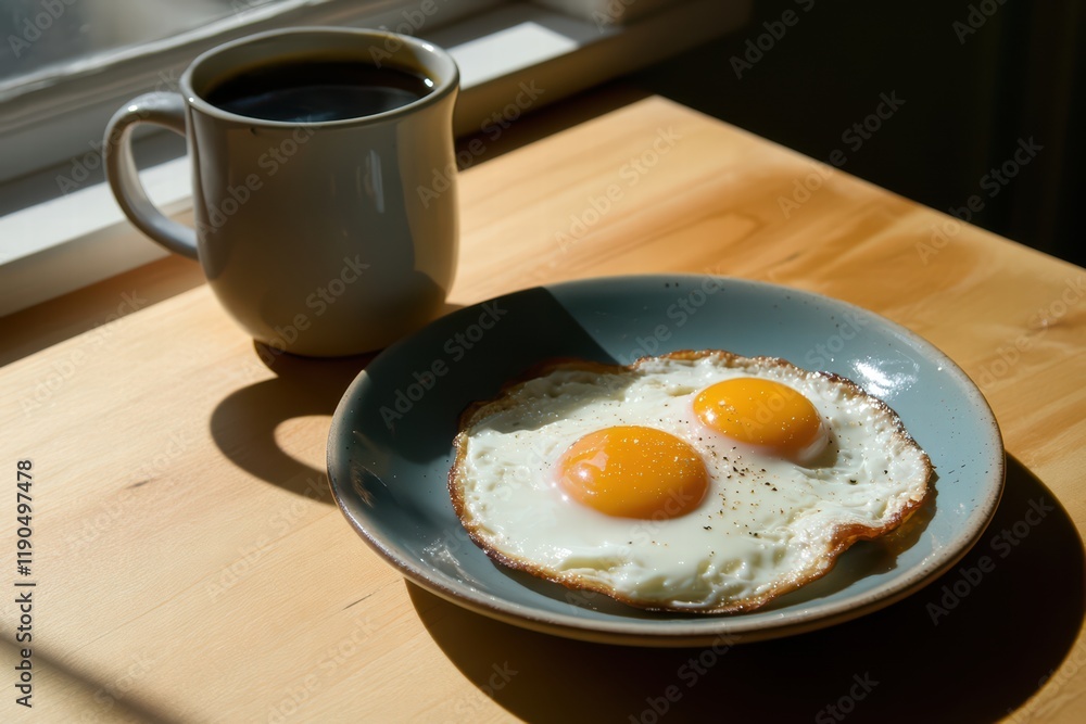Bright Morning Scene with Coffee and Two Eggs on Wooden Table Bright Morning Scene with Coffee and Two Eggs on Wooden Table