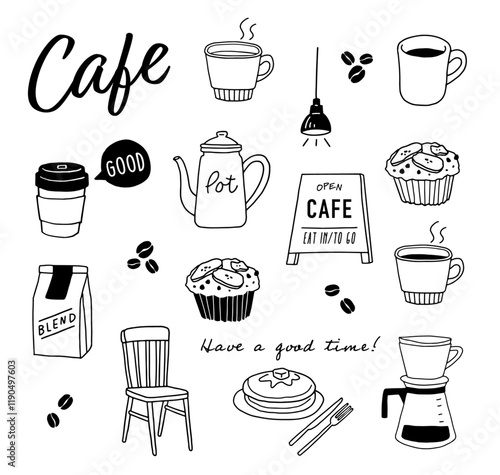 手描きのカフェイラストセット_線画