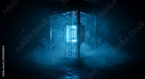 An AI quantum computer glows eerily in swirling mist, its advanced technology radiating an unsettling light in the dark room, creating a haunting and ethereal scene photo