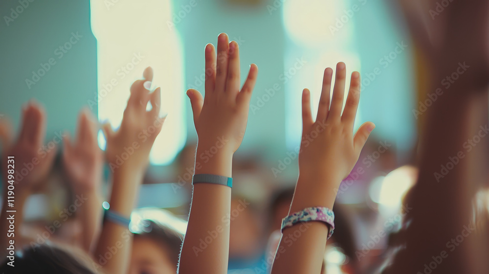 A heartwarming image of children raising their hands eagerly to answer questions in the classroom. Generative AI A heartwarming image of children raising their hands eagerly to answer questions in the classroom. Generative AI