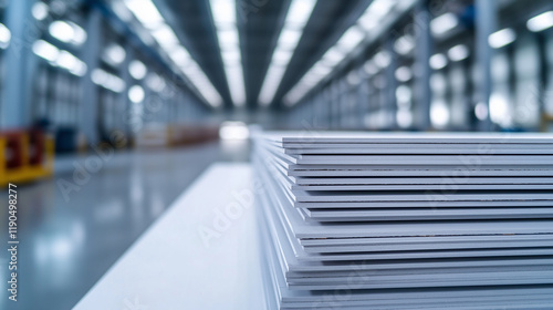 Close-up of gypsum drywall sheets stacked high in a pristine warehouse, their clean edges and uniform thickness highlighting their quality and readiness for installation.