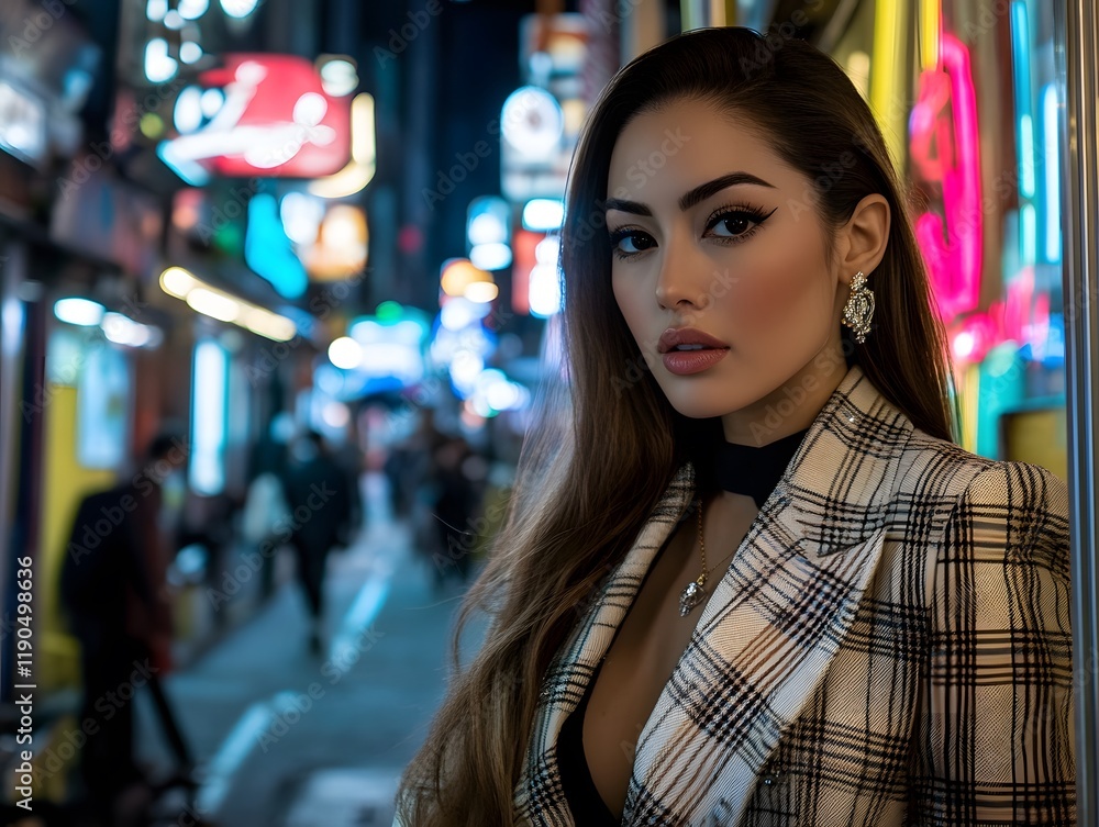 Obraz premium Stylish Woman in City at Night Neon Lights Fashion Portrait