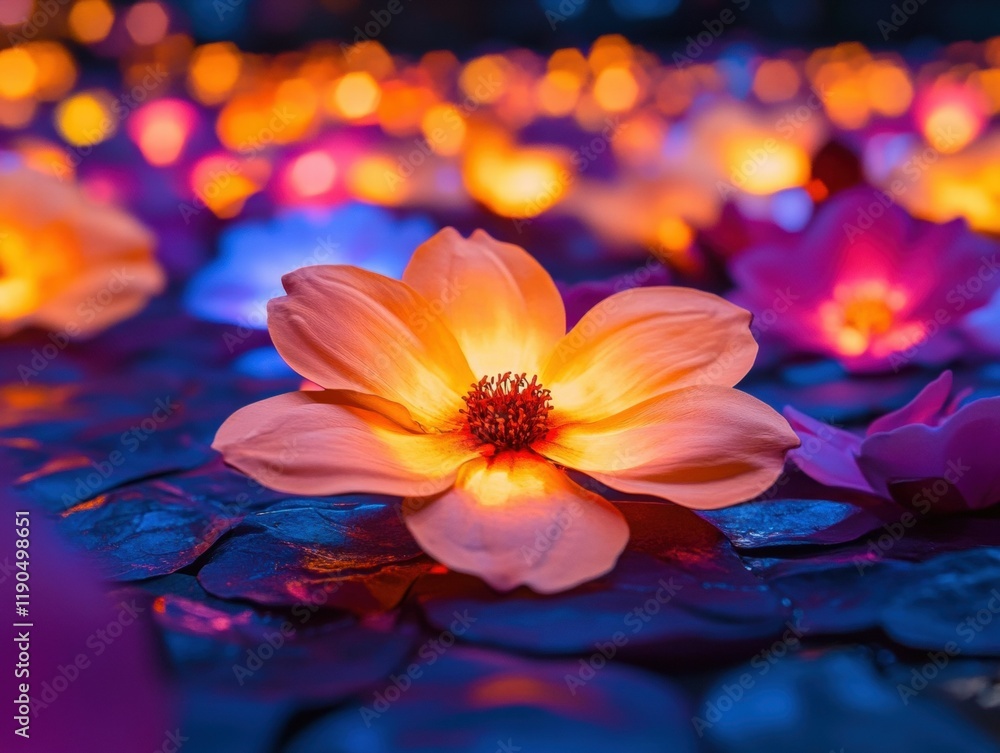 Illuminated flower, water, night, festival, bokeh, lights, serenity, design, decor, celebration Illuminated flower, water, night, festival, bokeh, lights, serenity, design, decor, celebration