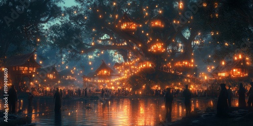 Wallpaper Mural Night market under illuminated tree houses by river Torontodigital.ca