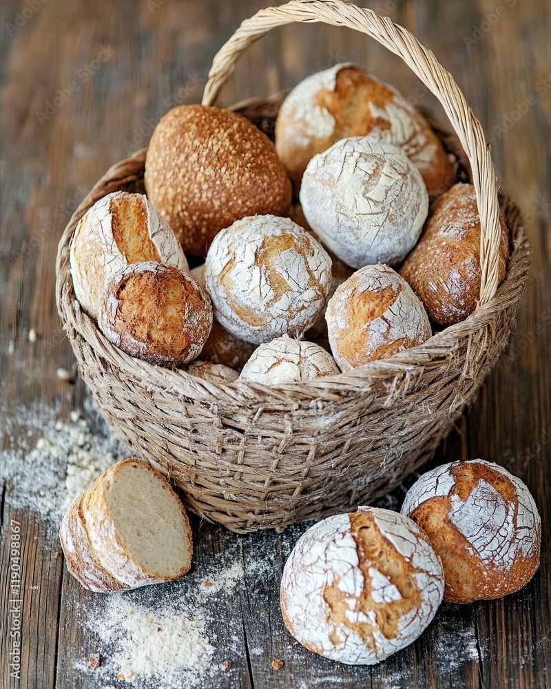 Freshly Baked Bread and Buns Arranged Artfully in a Rustic Basket on a Wooden Surface Freshly Baked Bread and Buns Arranged Artfully in a Rustic Basket on a Wooden Surface