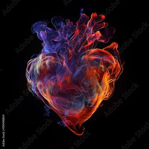 The contorn of a heart made of colored flames on a black background, photorealistic. Love concept. Valentine's day. Copy space for text. Banner. photo