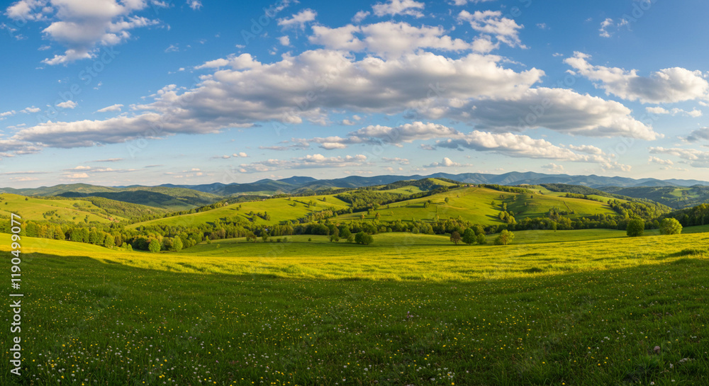 Fototapeta premium A breathtaking vista of a rural countryside with rolling hills, a picturesque village, and a vibrant blue sky adorned with fluffy clouds, showcasing a charming village nestled amidst rolling hills