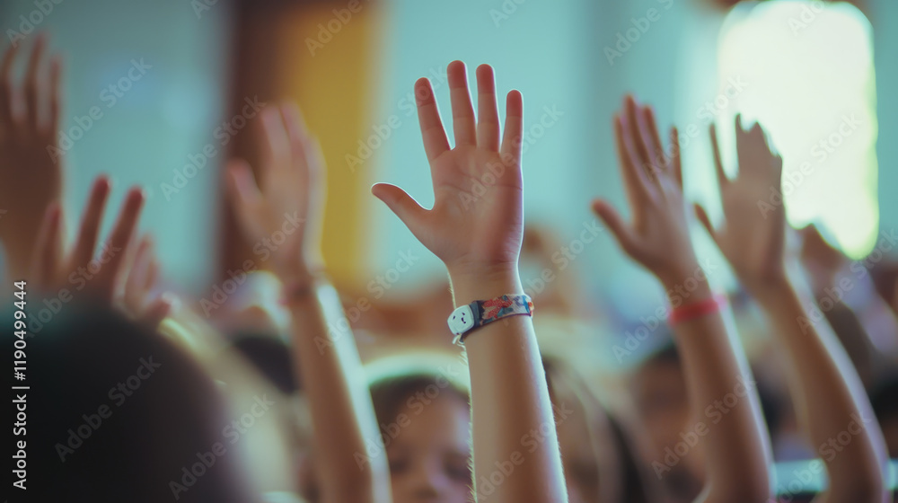 A heartwarming image of children raising their hands eagerly to answer questions in the classroom. Generative AI A heartwarming image of children raising their hands eagerly to answer questions in the classroom. Generative AI