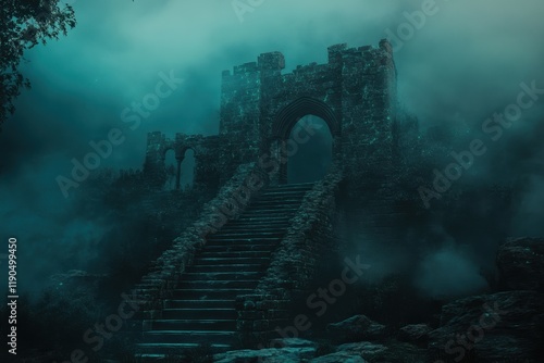 Mysterious stone ruins shrouded in fog at twilight near a forested area photo