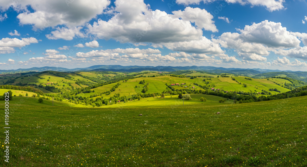 A picturesque landscape showcasing a lush green meadow with a charming village nestled amidst rolling hills under a bright, sunny sky, with an idyllic landscape A picturesque landscape showcasing a lush green meadow with a charming village nestled amidst rolling hills under a bright, sunny sky, with an idyllic landscape