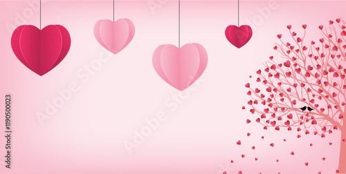 Romantic Valentine’s Day Background with Heart Decorations and Love Tree