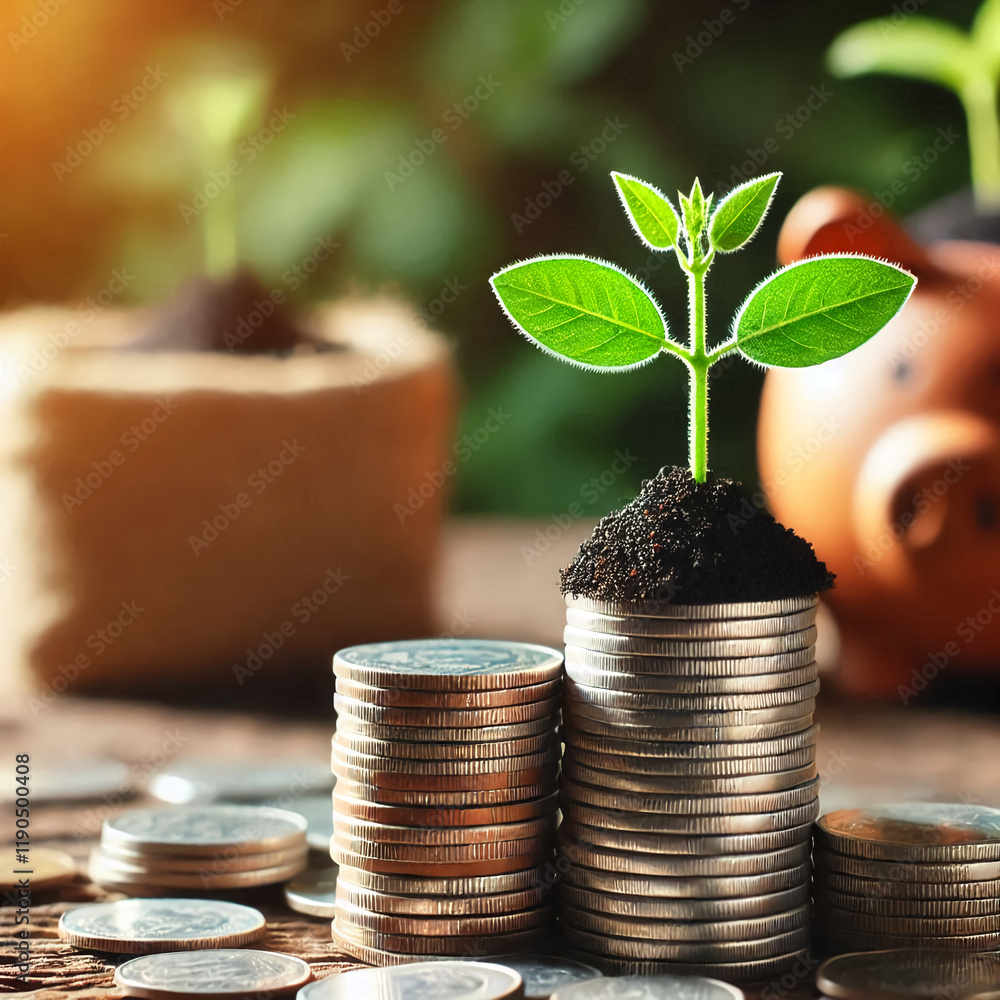 Seedling are growing on coins are stacked and the seedlings in Concept of finance And Investment of saving money or financial and business growth for profit Seedling are growing on coins are stacked and the seedlings in Concept of finance And Investment of saving money or financial and business growth for profit
