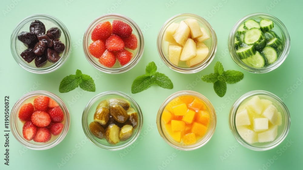 A variety of pickled fruits in glass jars on a soft pastel green background, showcasing traditional flavors A variety of pickled fruits in glass jars on a soft pastel green background, showcasing traditional flavors