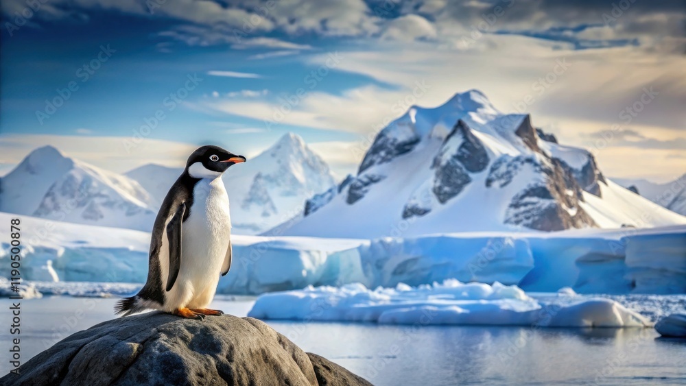 Obraz premium A penguin sitting alone on a large granite rock in the Antarctic landscape surrounded by snow and ice