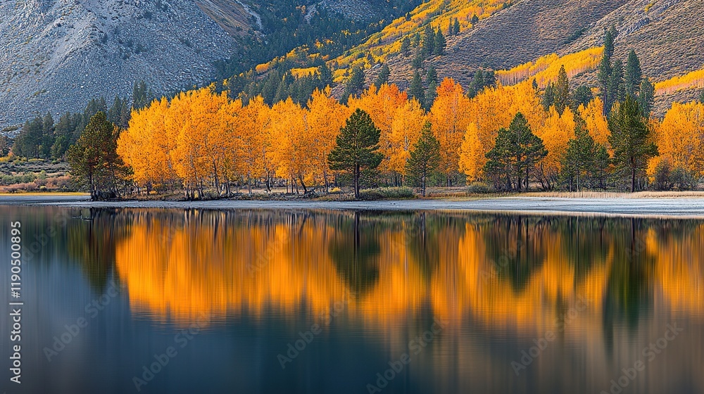 Obraz premium Golden aspen trees reflected in a calm lake at sunset.