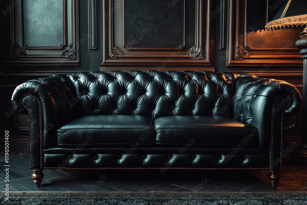 Obraz premium A black leather couch sitting in a dimly lit room with soft ambient lighting, casting subtle shadows across its sleek surface.