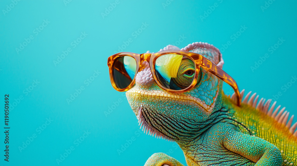 A vibrant digital illustration of a chameleon wearing stylish sunglasses, set against a solid color background. Generative AI A vibrant digital illustration of a chameleon wearing stylish sunglasses, set against a solid color background. Generative AI