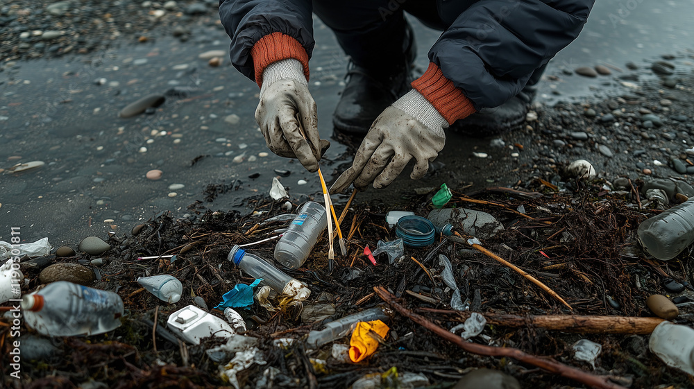 A person wearing gloves and collecting waste from the beach, sorting through discarded plastic bottles, straws, and other trash washed up from the sea. Ai generated A person wearing gloves and collecting waste from the beach, sorting through discarded plastic bottles, straws, and other trash washed up from the sea. Ai generated