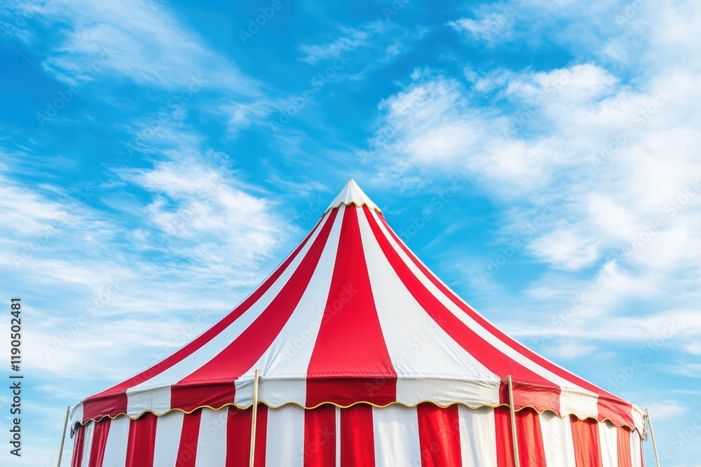 Bright Red Striped Tent Against Clear Blue Sky with White Clouds Bright Red Striped Tent Against Clear Blue Sky with White Clouds
