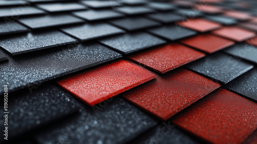 A professional presentation of roofing shingles in a variety of rich hues on a smooth, reflective surface, emphasizing their texture and quality for top-tier roofing solutions. photo