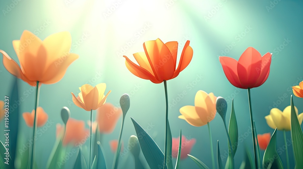 Obraz premium Vibrant Tulips in Sunlit Garden A Serene Floral Scene for Nature-Themed Art