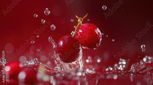 Fresh cranberries floating in water, placed against a vivid red background