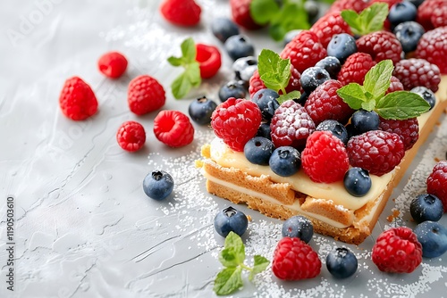 Homemade cake with raspberries and blueberries on a concrete background photo