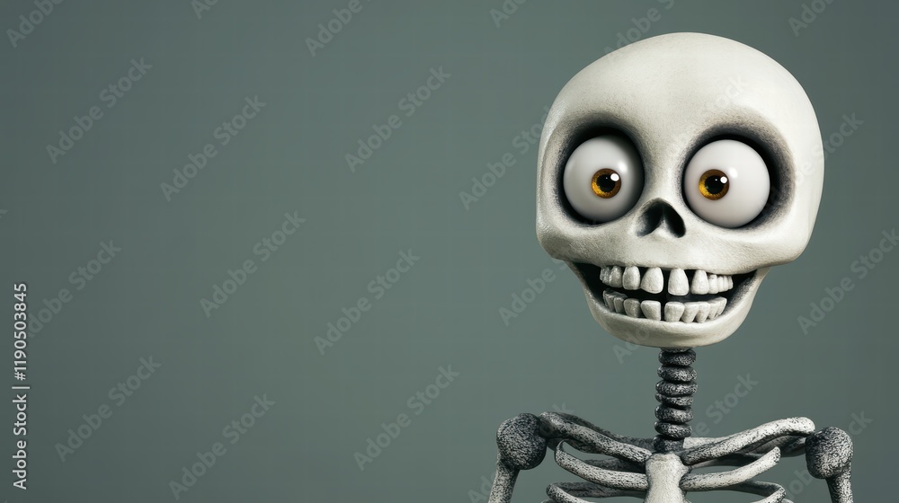 Playful Cartoon Skeleton Smiling with Big Eyes on Gray Background Playful Cartoon Skeleton Smiling with Big Eyes on Gray Background