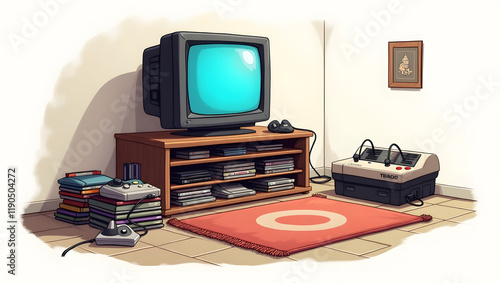 A cozy retro gaming setup is depicted. A large, old-fashioned television with a blue screen sits on a wooden entertainment center. The center is stacked with various video game cartridges and consoles