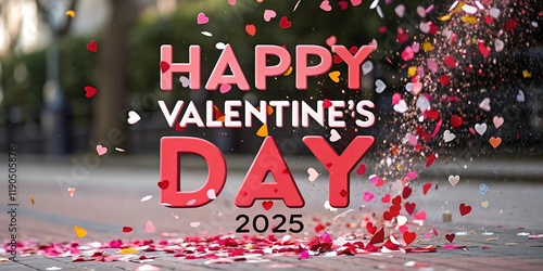 Happy Valentine's Day sign with heart balloons and glowing red lights for a festive celebration photo