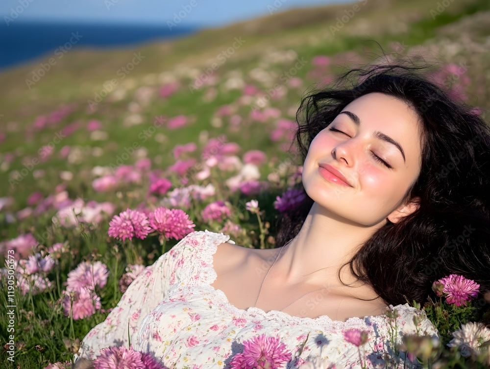 Fototapeta premium Serene Woman Relaxing in a Field of Pink Flowers