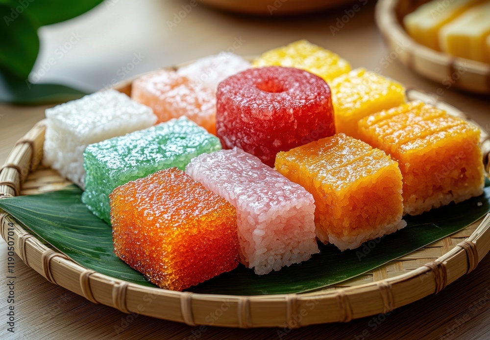 Colorful Array of Traditional Asian Desserts Served on a Bamboo Plate, Showcasing Various Jellied Snacks in Bright and Attractive Colors with a Natural Touch Colorful Array of Traditional Asian Desserts Served on a Bamboo Plate, Showcasing Various Jellied Snacks in Bright and Attractive Colors with a Natural Touch