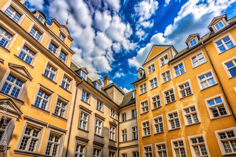 Obraz premium Berlin Courtyard Building, Beige and Blue Facade, Sunny Sky, Architectural Detail, Urban Scene